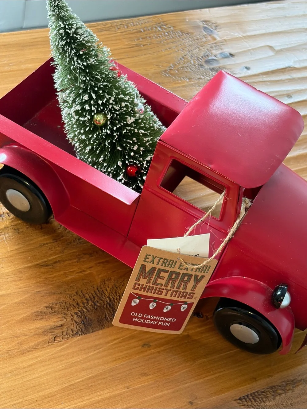 Red Holiday Metal Truck Decor with Wreath - Rustic Home Holiday Accent